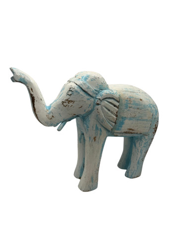 Statue d'éléphant en bois sculpté bleu patiné