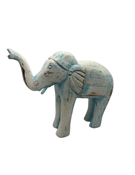 Statue d'éléphant en bois sculpté bleu patiné