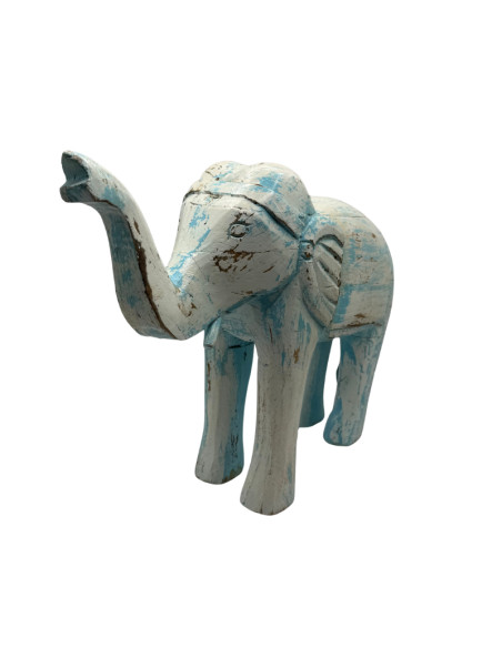 Statue d'éléphant en bois sculpté bleu patiné