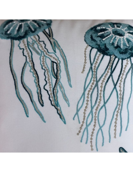 Coussin brodé Méduses & Coraux – Blanc & turquoise – 45x45 cm
