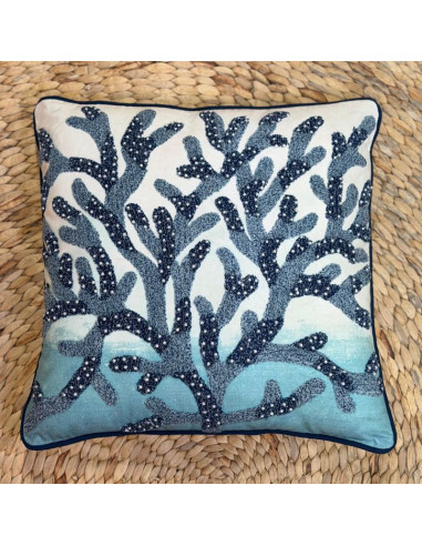 Embroidered Coral Cushion – White, Turquoise & Navy Blue – 45x45 cm