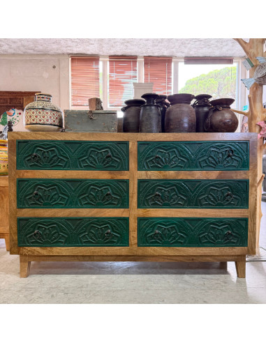 Commode sculptée en manguier – Vert émeraude – 150 cm