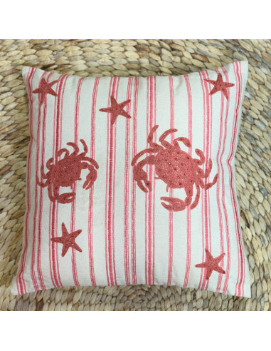 Embroidered Crabs & Starfish Cushion – Ecru & Coral – 45x45 cm