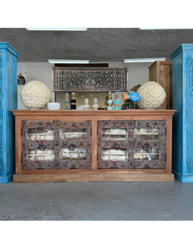 Buffet indien en teck avec portes anciennes du Rajasthan – 216 cm
