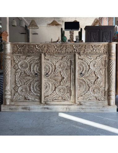 Buffet sculpté en manguier – Patine blanche – 150 cm