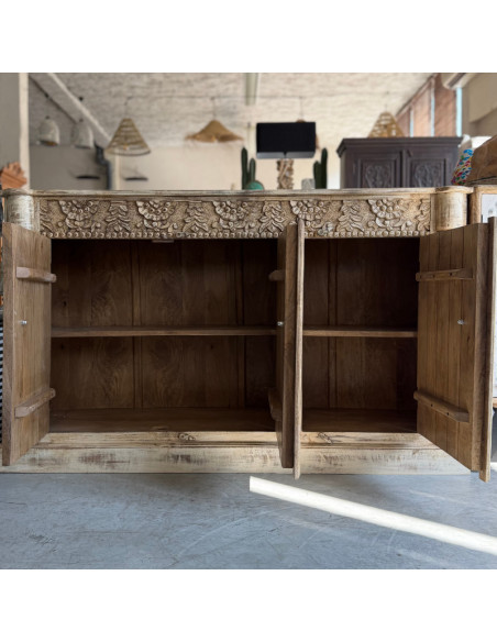 Buffet sculpté en manguier – Patine blanche – 150 cm