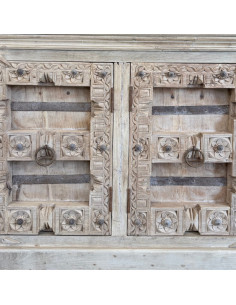 Buffet en teck avec portes anciennes du Rajasthan – teck blanchi – 224 cm