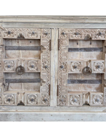 Teak Sideboard with Antique Rajasthan Doors – White Patina – 224 cm
