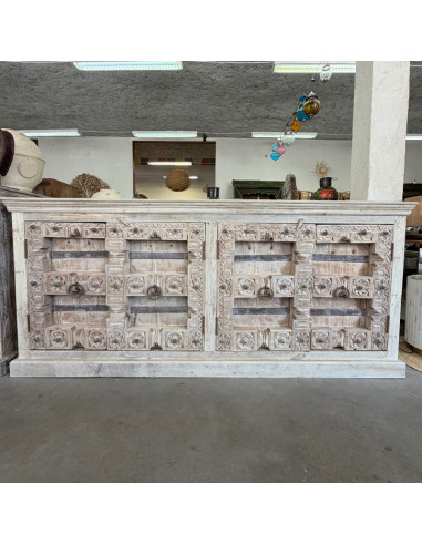 Buffet en teck avec portes anciennes du Rajasthan – teck blanchi – 224 cm