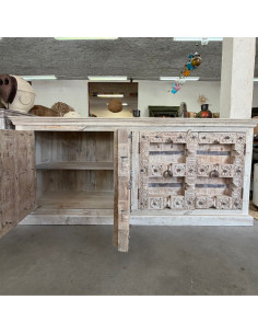 Buffet en teck avec portes anciennes du Rajasthan – teck blanchi – 224 cm