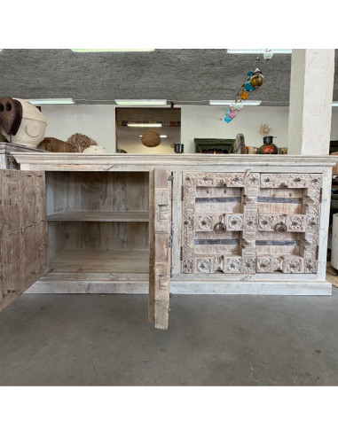 Buffet en teck avec portes anciennes du Rajasthan – teck blanchi – 224 cm
