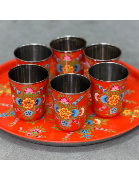 Set plateau & 6 gobelets peints à la main – Orange vif & fleurs multicolores