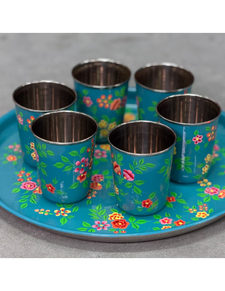 Hand-Painted Tray & 6 Tumblers Set – Turquoise Blue & Multicoloured Flowers