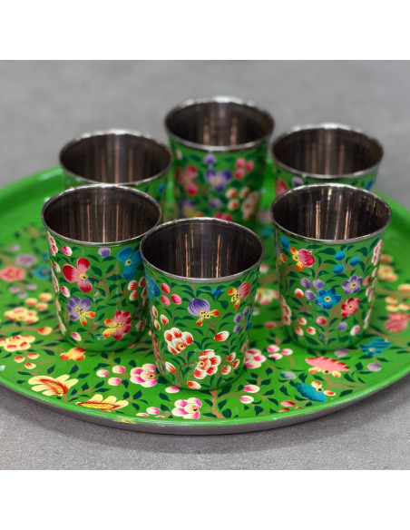 Set plateau & 6 gobelets peints à la main – Vert vif & fleurs multicolores