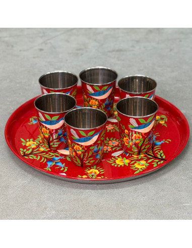 Set plateau & 6 gobelets peints à la main – Rouge vif, oiseaux & fleurs multicolores