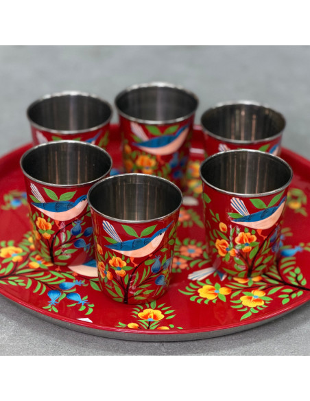 Hand-Painted Tray & 6 Tumblers Set – Bright Red, Birds & Multicoloured Flowers