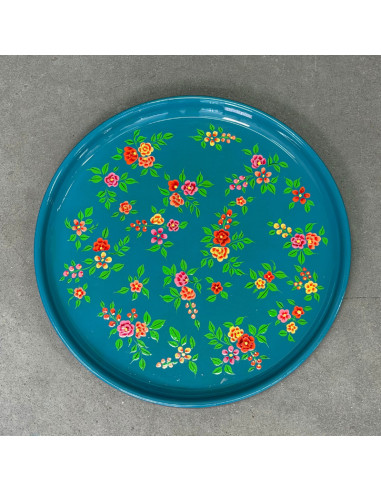 Plateau rond peint à la main – Bleu turquoise & fleurs multicolores – 20x20 cm