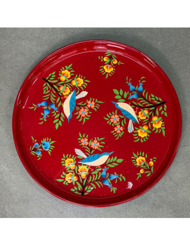 Plateau rond peint à la main – Rouge, oiseaux bleus & fleurs – 20x20 cm