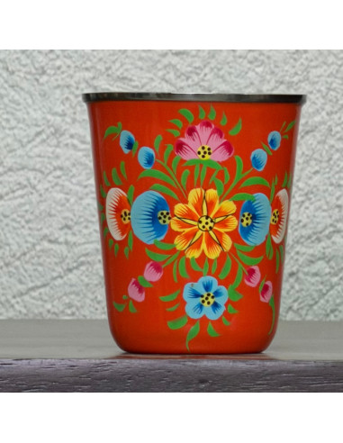 Gobelet en métal peint à la main – Orange vif & fleurs multicolores