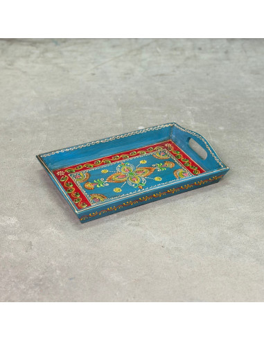 Hand-Painted Wooden Tray – Small – Blue & Multicoloured Motifs – 31x20 cm