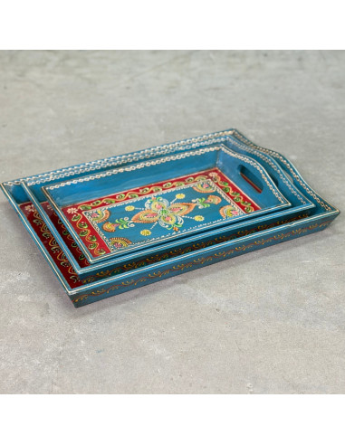 Plateau en bois peint à la main – Petit format – Bleu & motifs multicolores – 31x20 cm