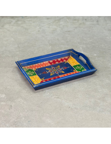 Plateau en bois peint à la main – Petit format – Bleu profond & motifs multicolores – 31x20 cm
