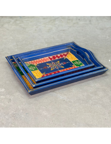 Plateau en bois peint à la main – Moyen format – Bleu profond & motifs multicolores – 36x24 cm