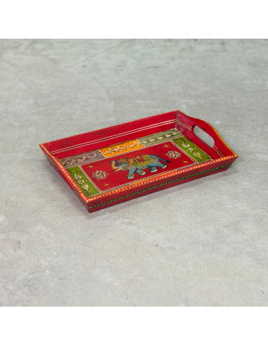 Plateau en bois peint à la main – Petit format – Rouge & éléphant multicolore – 31x20 cm