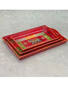 copy of Plateau en bois peint à la main – Petit format – Bleu & motifs multicolores – 31x20 cm