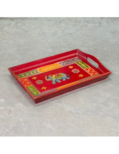 Plateau en bois peint à la main – Moyen format – Rouge & éléphant multicolore – 36x24 cm