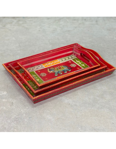 Plateau en bois peint à la main – Grand format – Rouge & éléphant multicolore – 41x29 cm