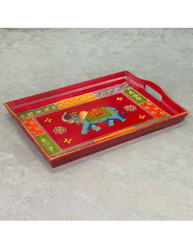 Hand-Painted Wooden Tray – Large – Red & Multicoloured Elephant – 41x29 cm