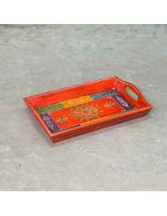 Hand-Painted Wooden Tray – Small – Bright Orange & Multicoloured Motifs – 31x20 cm