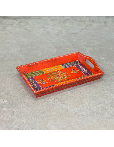 Plateau en bois peint à la main – Petit format – Orange vif & motifs multicolores – 31x20 cm