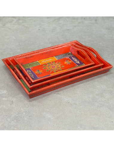 Plateau en bois peint à la main – Moyen format – Orange vif & motifs multicolores – 36x24 cm
