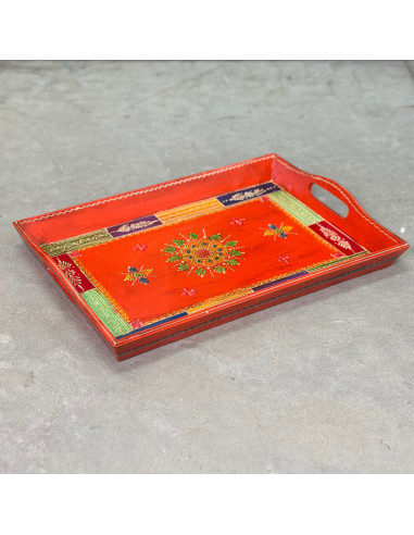 Hand-Painted Wooden Tray – Large – Bright Orange & Multicoloured Motifs – 41x29 cm