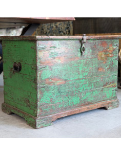 Antique Indian Teak Chest – Green Patina – 79 cm