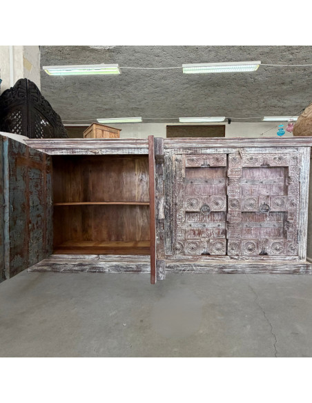 Buffet en teck avec portes anciennes du Rajasthan – 225 cm