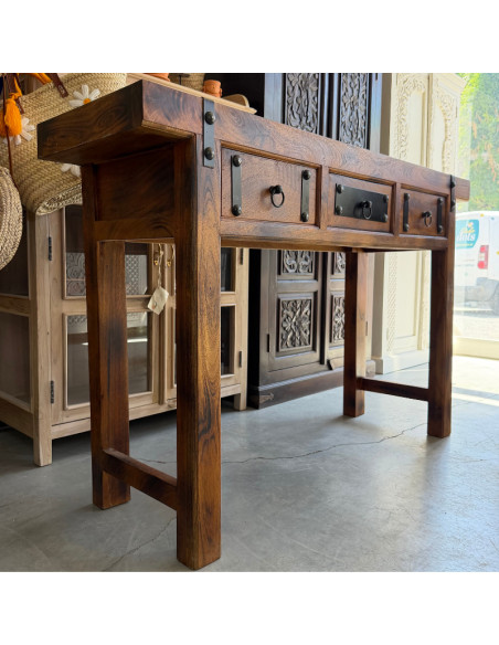 Console en manguier et métal noir – 3 tiroirs – 150 cm