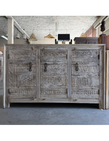 Buffet en teck blanchi avec portes anciennes tribales indiennes – 141 cm