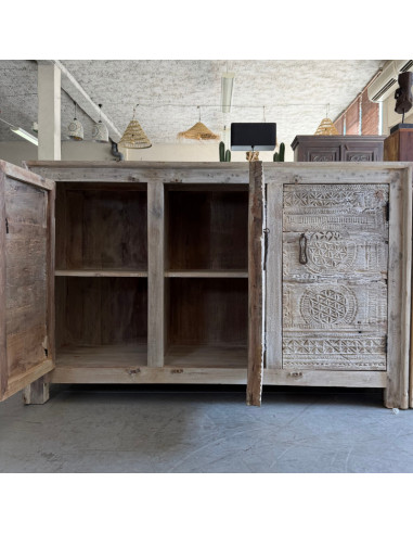 Whitewashed Teak Sideboard with Antique Tribal Indian Doors – 141 cm