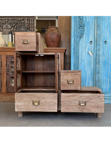 Teak Step Storage Cabinet – 4 Drawers & 2 Glass Doors – 100 cm