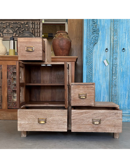 Teak Step Storage Cabinet – 4 Drawers & 2 Glass Doors – 100 cm