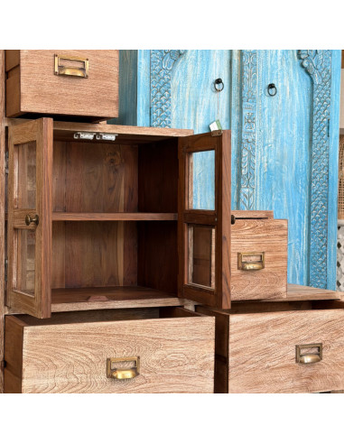 Teak Step Storage Cabinet – 4 Drawers & 2 Glass Doors – 100 cm