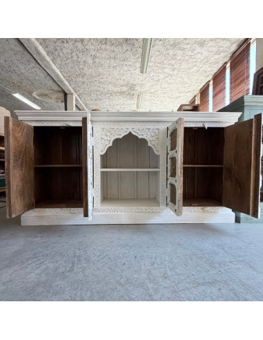 Buffet sculpté en manguier et laiton martelé – 180 x 40 x 90 cm