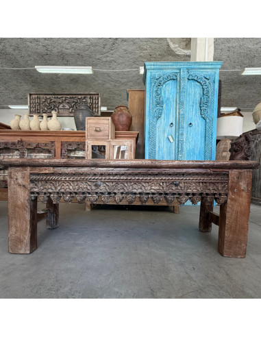 Banc en vieux teck sculpté – 128 x 41 x 50 cm