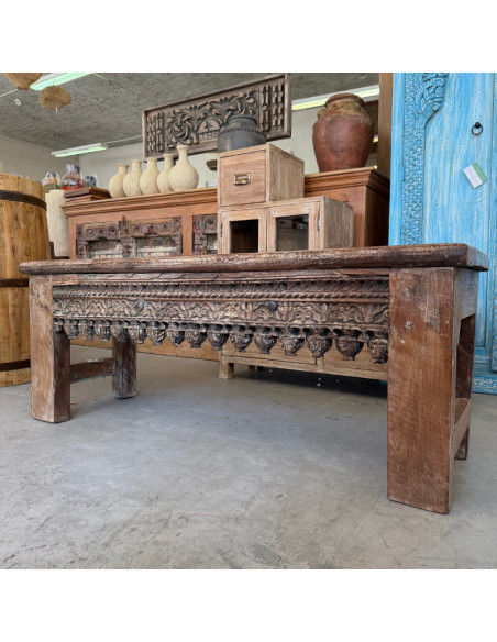 Banc en vieux teck sculpté – 128 x 41 x 50 cm