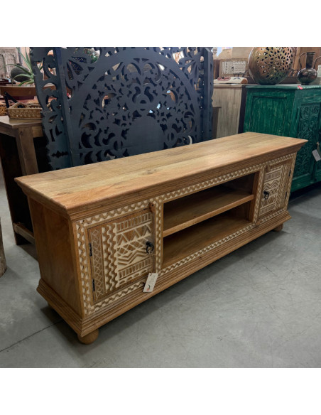 Meuble TV en manguier sculpté – 2 portes & niches – 160 x 40 x 60 cm