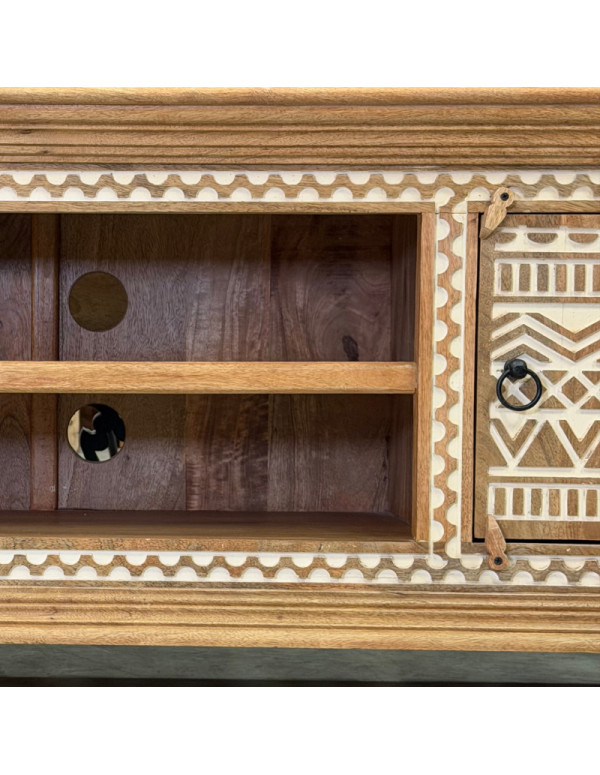 Carved Mango Wood TV Unit – 2 Doors & Open Shelves – 160 x 40 x 60 cm