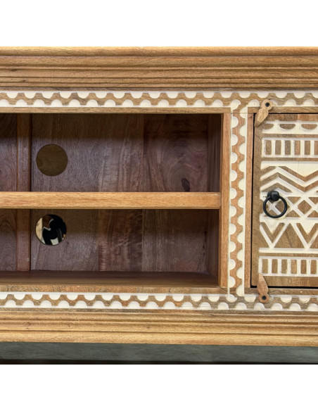 Meuble TV en manguier sculpté – 2 portes & niches – 160 x 40 x 60 cm